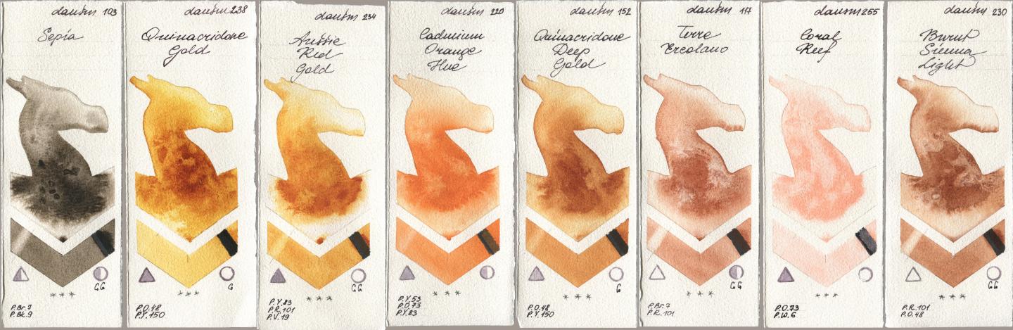 Daniel Smith 103 Sepia, 238 Quinacridone Gold, 234 Aussie Red Gold, 220 Cadmium Orange Hue, 152 Quinacridone Deep Gold, 117 Terre Ercolano, 255 Coral Reef, 230 Burnt Sienna Lig watercolor swatch