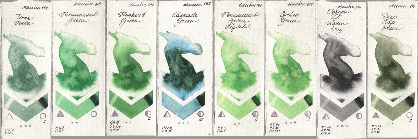 Daniel Smith 104 Terre Verte, 070 Permanent Green, 042 Hookers Green, 142 Cascade Green, 067 Permanent Green Light, 208 Spring Green, 246 Joseph Zs Warm Grey, 175 Deep Sap Gre watercolor swatch