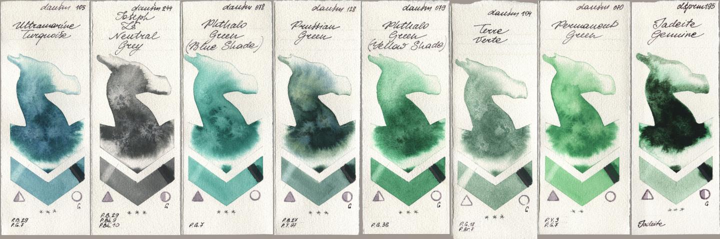 Daniel Smith 105 Ultramarine Turquoise, 244 Joseph Zs Neutral Grey, 078 Phthalo Green (Blue Shade), 128 Prussian Green, 079 Phthalo Green (Yellow Shade), 104 Terre Verte, 070 Permanent Green, 195 Jadeite Genui watercolor swatch