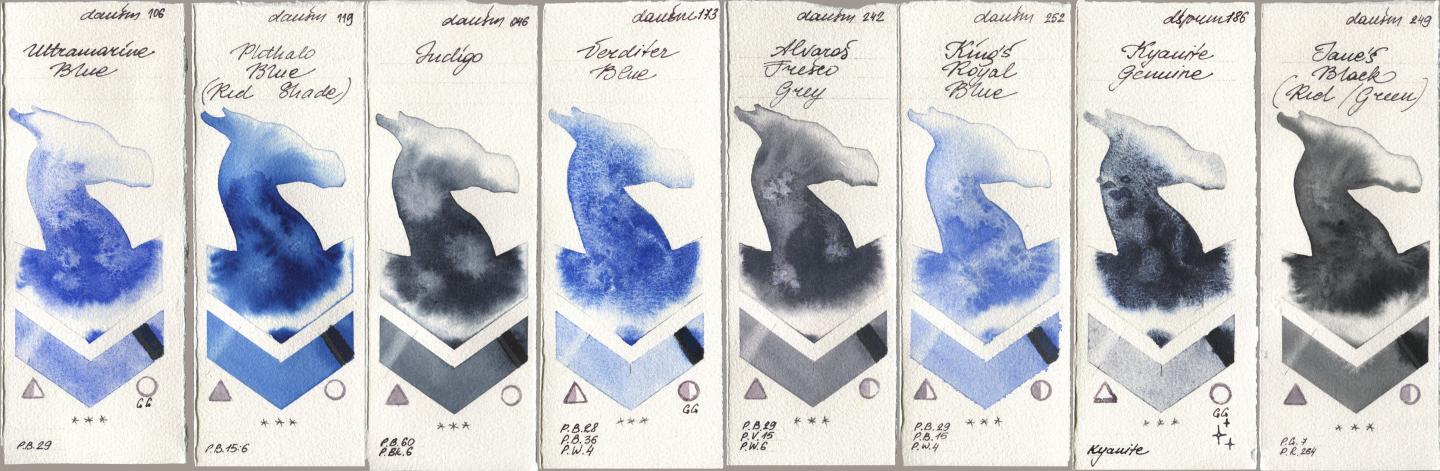 Daniel Smith 106 Ultramarine Blue, 119 Phthalo Blue (Red Shade), 046 Indigo, 173 Verditer Blue, 242 Alvaros Fresco Grey, 252 King’s Royal Blue, 186 Kyanite Genuine, 249 Janes Black (Red/Gree watercolor swatch