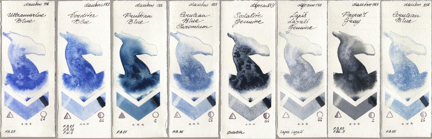 Daniel Smith 106 Ultramarine Blue, 173 Verditer Blue, 082 Prussian Blue, 021 Cerulean Blue Chromium, 179 Sodalite Genuine, 138 Lapis Lazuli Genuine, 065 Paynes Gray, 206 Cerulean Bl watercolor swatch
