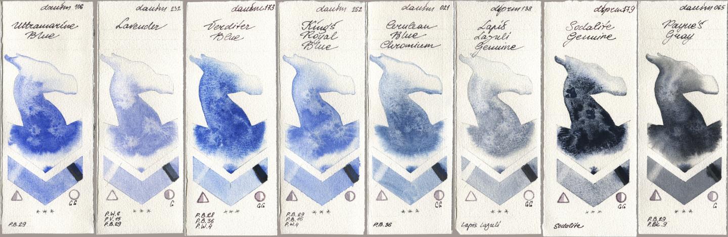 Daniel Smith 106 Ultramarine Blue, 232 Lavender, 173 Verditer Blue, 252 King’s Royal Blue, 021 Cerulean Blue Chromium, 138 Lapis Lazuli Genuine, 179 Sodalite Genuine, 065 Paynes Gr watercolor swatch