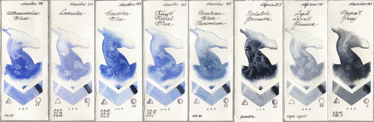 Daniel Smith 106 Ultramarine Blue, 232 Lavender, 173 Verditer Blue, 252 King’s Royal Blue, 021 Cerulean Blue Chromium, 179 Sodalite Genuine, 138 Lapis Lazuli Genuine, 065 Paynes Gr watercolor swatch