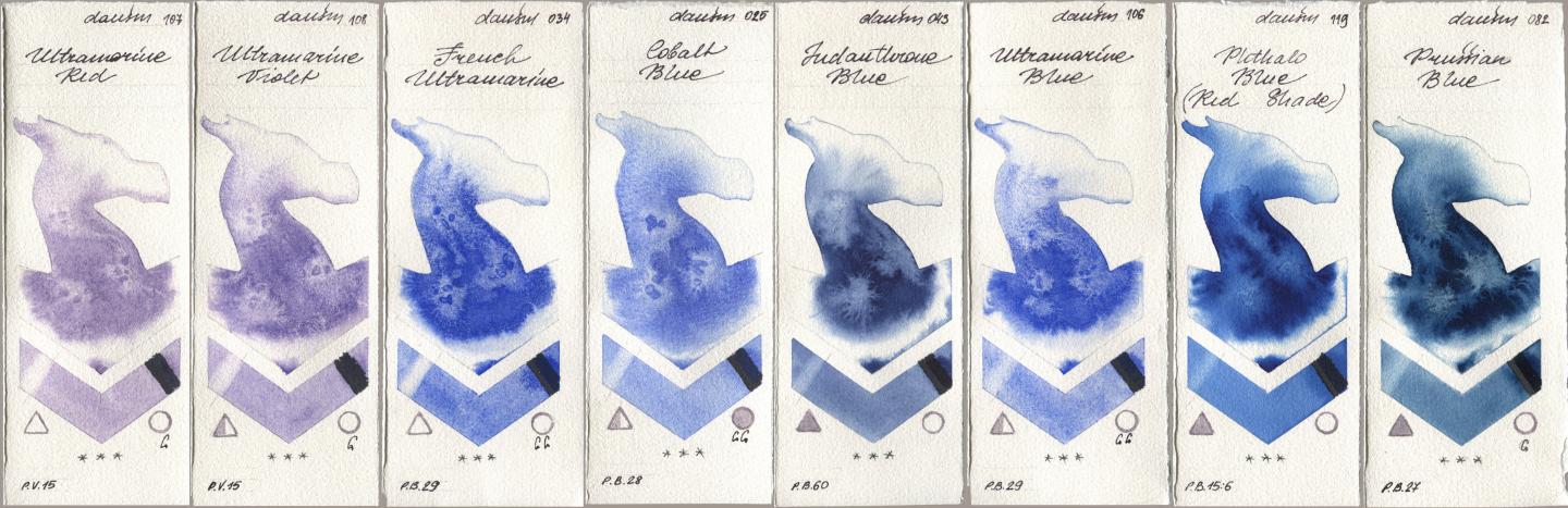 Daniel Smith 107 Ultramarine Red, 108 Ultramarine Violet, 034 French Ultramarine, 025 Cobalt Blue, 043 Indanthrone Blue, 106 Ultramarine Blue, 119 Phthalo Blue (Red Shade), 082 Prussian Bl watercolor swatch