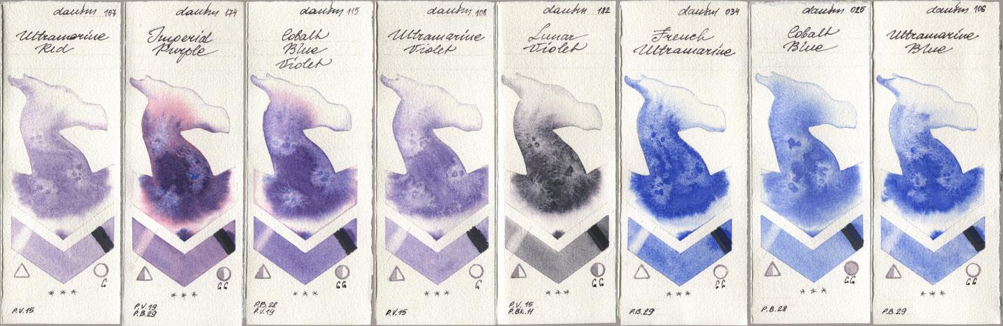 Daniel Smith 107 Ultramarine Red, 174 Imperial Purple, 115 Cobalt Blue Violet, 108 Ultramarine Violet, 182 Lunar Violet, 034 French Ultramarine, 025 Cobalt Blue, 106 Ultramarine Bl watercolor swatch