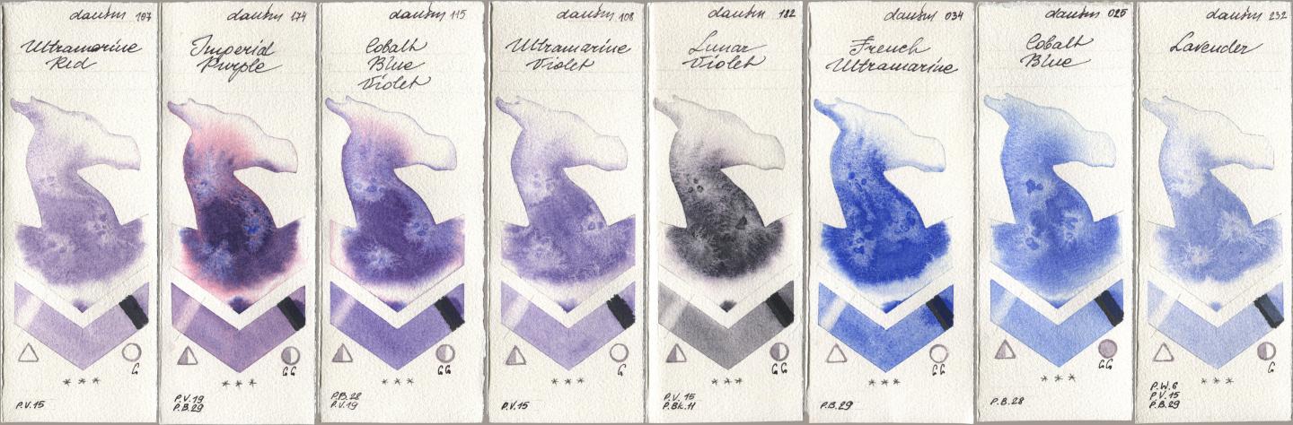 Daniel Smith 107 Ultramarine Red, 174 Imperial Purple, 115 Cobalt Blue Violet, 108 Ultramarine Violet, 182 Lunar Violet, 034 French Ultramarine, 025 Cobalt Blue, 232 Lavend watercolor swatch