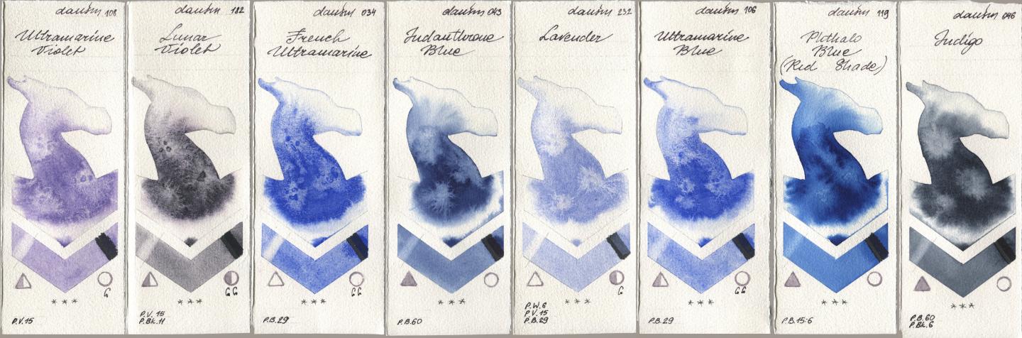 Daniel Smith 108 Ultramarine Violet, 182 Lunar Violet, 034 French Ultramarine, 043 Indanthrone Blue, 232 Lavender, 106 Ultramarine Blue, 119 Phthalo Blue (Red Shade), 046 Indi watercolor swatch
