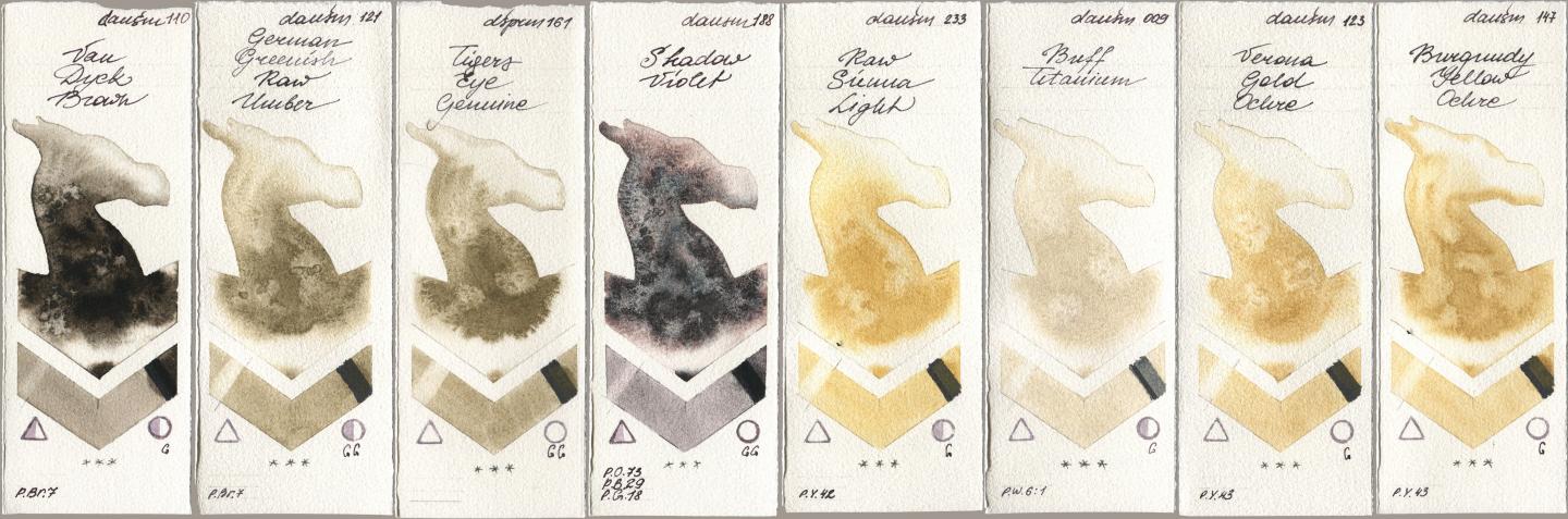 Daniel Smith 110 Van Dyck Brown, 121 German Greenish Raw Umber, 161 Tigers Eye Genuine, 188 Shadow Violet, 233 Raw Sienna Light, 009 Buff Titanium, 123 Verona Gold Ochre, 147 Burgundy Yellow Och watercolor swatch