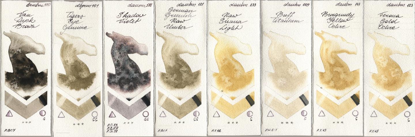 Daniel Smith 110 Van Dyck Brown, 161 Tigers Eye Genuine, 188 Shadow Violet, 121 German Greenish Raw Umber, 233 Raw Sienna Light, 009 Buff Titanium, 147 Burgundy Yellow Ochre, 123 Verona Gold Och watercolor swatch