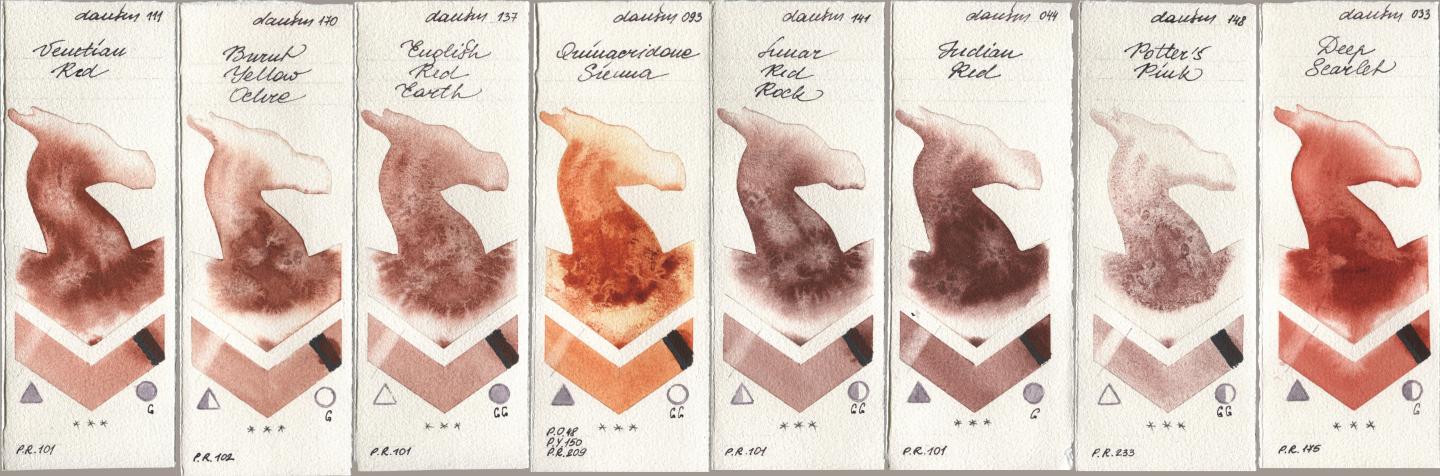 Daniel Smith 111 Venetian Red, 170 Burnt Yellow Ochre, 137 English Red Earth, 093 Quinacridone Sienna, 141 Lunar Red Rock, 044 Indian Red, 148 Potters Pink, 033 Deep Scarl watercolor swatch