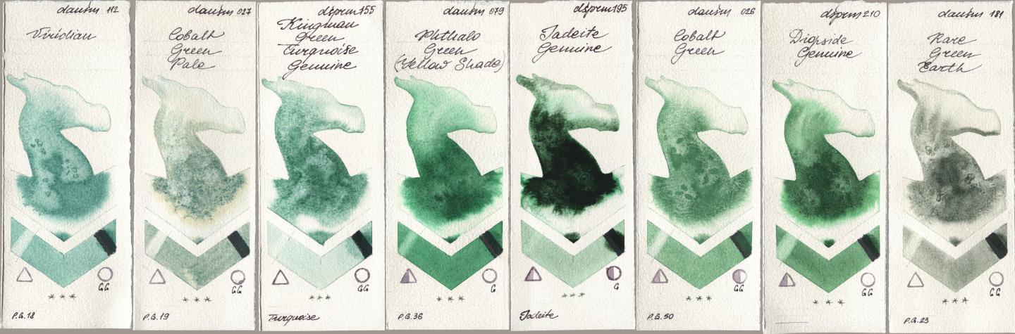 Daniel Smith 112 Viridian, 027 Cobalt Green Pale, 155 Kingman Green Turquoise Genuine, 079 Phthalo Green (Yellow Shade), 195 Jadeite Genuine, 026 Cobalt Green, 210 Diopside Genuine, 181 Rare Green Ear watercolor swatch