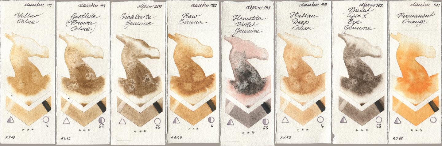Daniel Smith 114 Yellow Ochre, 144 Goethite (Brown Ochre), 209 Sicklerite Genuine, 096 Raw Sienna, 157 Hematite Violet Genuine, 135 Italian Deep Ochre, 162 Burnt Tigers Eye Genuine, 071 Permanent Oran watercolor swatch