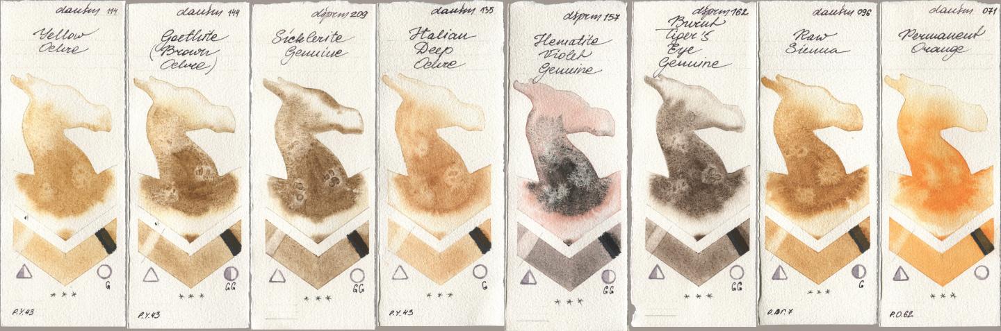 Daniel Smith 114 Yellow Ochre, 144 Goethite (Brown Ochre), 209 Sicklerite Genuine, 135 Italian Deep Ochre, 157 Hematite Violet Genuine, 162 Burnt Tigers Eye Genuine, 096 Raw Sienna, 071 Permanent Oran watercolor swatch