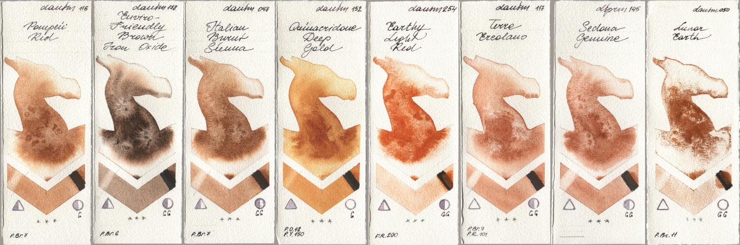 Daniel Smith 116 Pompeii Red, 178 Enviro-Friendly Brown Iron Oxide, 047 Italian Burnt Sienna, 152 Quinacridone Deep Gold, 254 Earthy Light Red, 117 Terre Ercolano, 145 Sedona Genuine, 050 Lunar Ear watercolor swatch