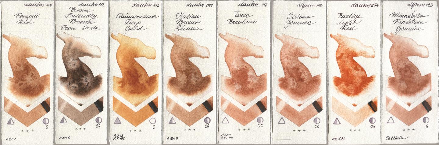 Daniel Smith 116 Pompeii Red, 178 Enviro-Friendly Brown Iron Oxide, 152 Quinacridone Deep Gold, 047 Italian Burnt Sienna, 117 Terre Ercolano, 145 Sedona Genuine, 254 Earthy Light Red, 143 Minnesota Pipestone Genui watercolor swatch