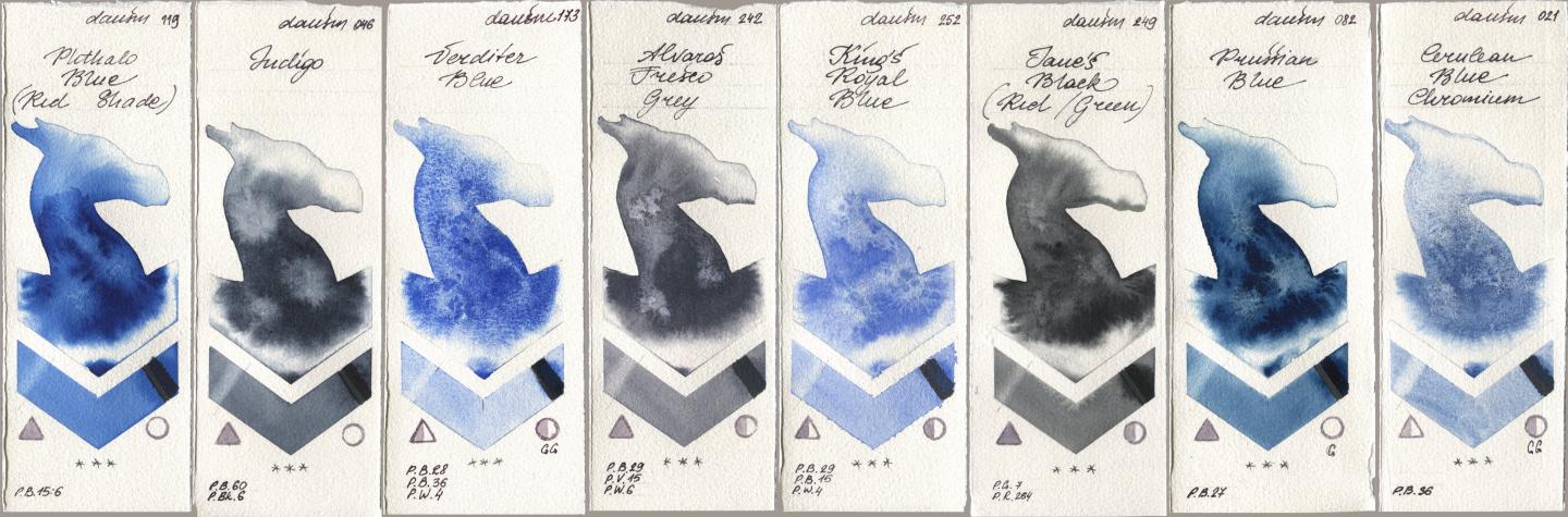 Daniel Smith 119 Phthalo Blue (Red Shade), 046 Indigo, 173 Verditer Blue, 242 Alvaros Fresco Grey, 252 King’s Royal Blue, 249 Janes Black (Red/Green), 082 Prussian Blue, 021 Cerulean Blue Chromi watercolor swatch