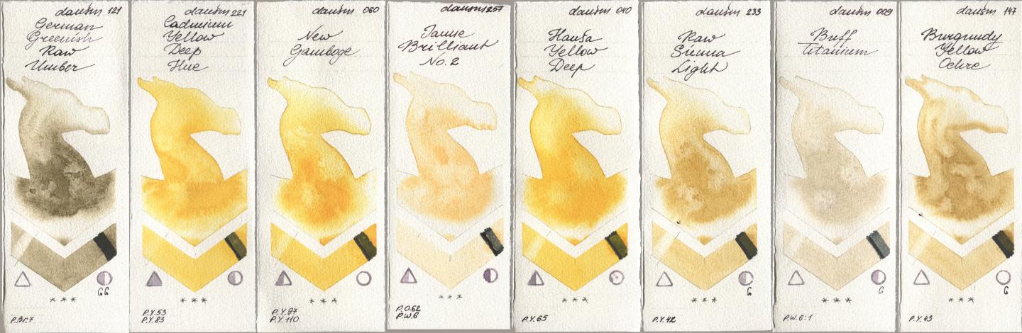 Daniel Smith 121 German Greenish Raw Umber, 221 Cadmium Yellow Deep Hue, 060 New Gamboge, 257 Jaune Brilliant No 2, 040 Hansa Yellow Deep, 233 Raw Sienna Light, 009 Buff Titanium, 147 Burgundy Yellow Och watercolor swatch