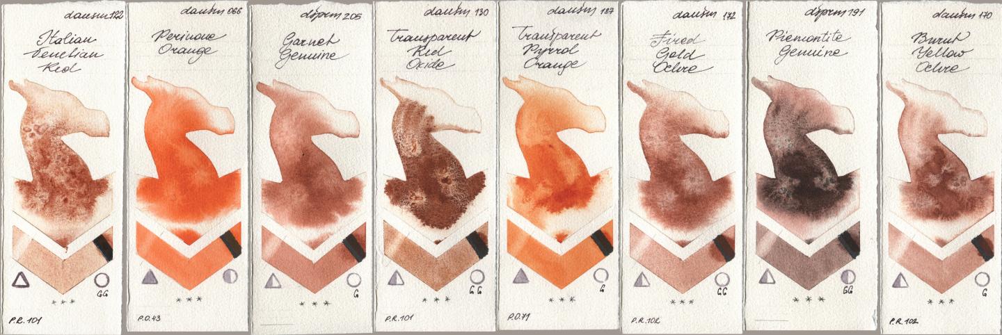 Daniel Smith 122 Italian Venetian Red, 066 Perinone Orange, 205 Garnet Genuine, 130 Transparent Red Oxide, 187 Transparent Pyrrol Orange, 172 Fired Gold Ochre, 191 Piemontite Genuine, 170 Burnt Yellow Och watercolor swatch