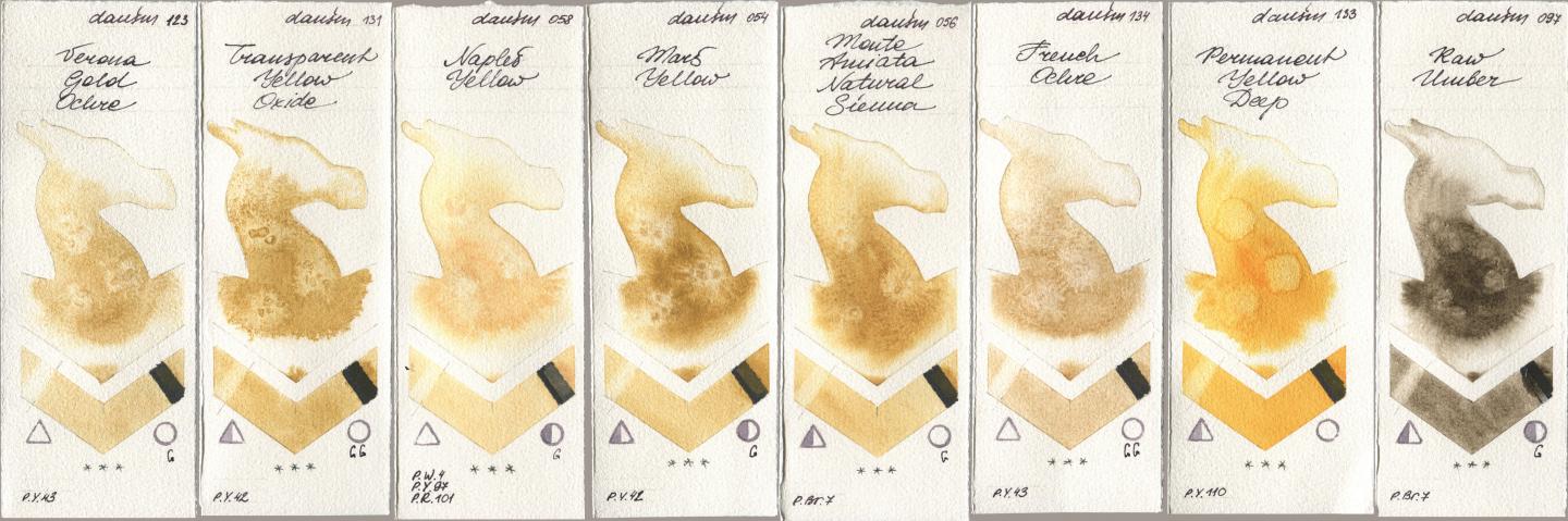 Daniel Smith 123 Verona Gold Ochre, 131 Transparent Yellow Oxide, 058 Naples Yellow, 054 Mars Yellow, 056 Monte Amiata Natural Sienna, 134 French Ochre, 133 Permanent Yellow Deep, 097 Raw Umb watercolor swatch
