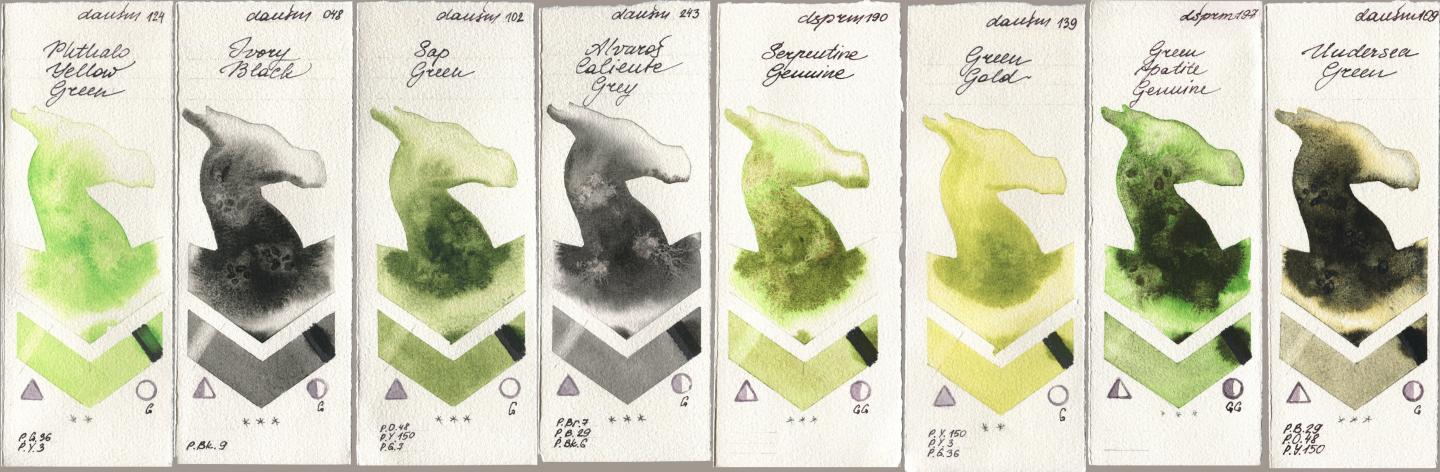 Daniel Smith 124 Phthalo Yellow Green, 048 Ivory Black, 102 Sap Green, 243 Alvaros Caliente Grey, 190 Serpentine Genuine, 139 Green Gold, 197 Green Apatite Genuine, 109 Undersea Gre watercolor swatch