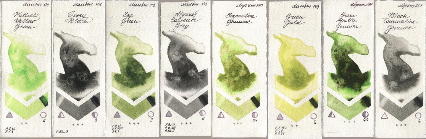 Daniel Smith 124 Phthalo Yellow Green, 048 Ivory Black, 102 Sap Green, 243 Alvaros Caliente Grey, 190 Serpentine Genuine, 139 Green Gold, 197 Green Apatite Genuine, 207 Black Tourmaline Genui watercolor swatch