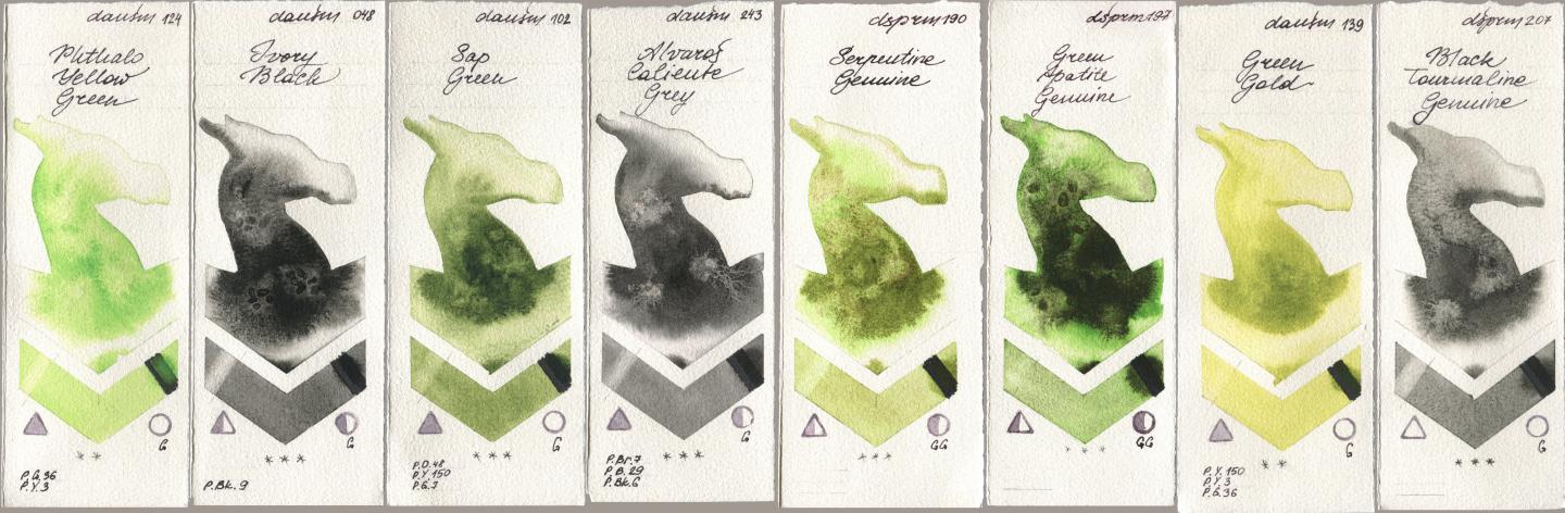 Daniel Smith 124 Phthalo Yellow Green, 048 Ivory Black, 102 Sap Green, 243 Alvaros Caliente Grey, 190 Serpentine Genuine, 197 Green Apatite Genuine, 139 Green Gold, 207 Black Tourmaline Genui watercolor swatch