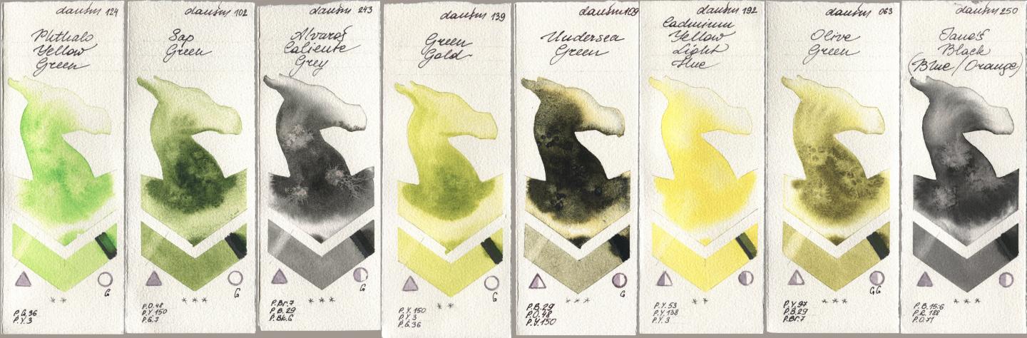 Daniel Smith 124 Phthalo Yellow Green, 102 Sap Green, 243 Alvaros Caliente Grey, 139 Green Gold, 109 Undersea Green, 192 Cadmium Yellow Light Hue, 063 Olive Green, 250 Janes Black (Blue/Orang watercolor swatch