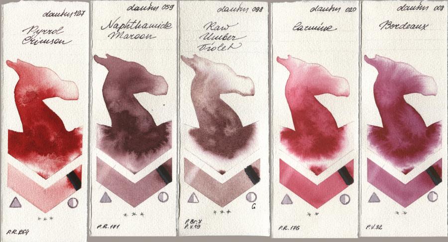 Daniel Smith 127 Pyrrol Crimson, 059 Naphthamide Maroon, 098 Raw Umber Violet, 020 Carmine, 008 Bordea watercolor swatch