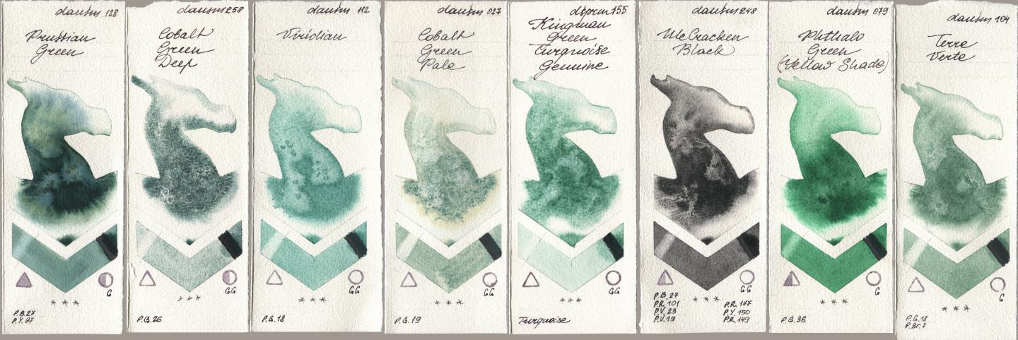 Daniel Smith 128 Prussian Green, 258 Cobalt Green Deep, 112 Viridian, 027 Cobalt Green Pale, 155 Kingman Green Turquoise Genuine, 248 McCracken Black, 079 Phthalo Green (Yellow Shade), 104 Terre Ver watercolor swatch