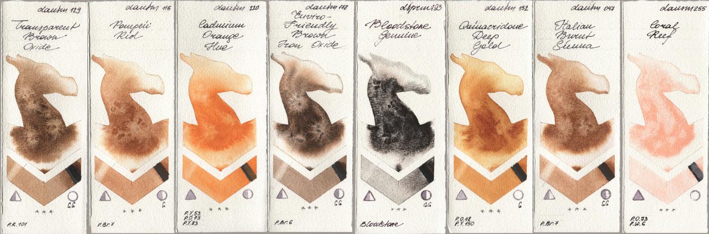 Daniel Smith 129 Transparent Brown Oxide, 116 Pompeii Red, 220 Cadmium Orange Hue, 178 Enviro-Friendly Brown Iron Oxide, 193 Bloodstone Genuine, 152 Quinacridone Deep Gold, 047 Italian Burnt Sienna, 255 Coral Re watercolor swatch