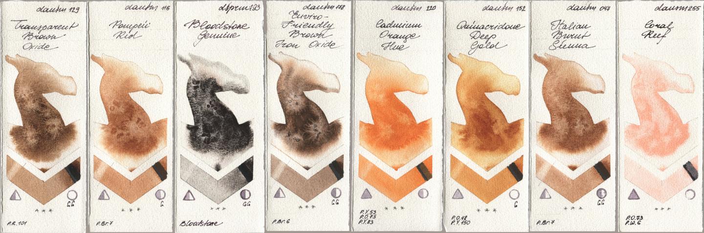 Daniel Smith 129 Transparent Brown Oxide, 116 Pompeii Red, 193 Bloodstone Genuine, 178 Enviro-Friendly Brown Iron Oxide, 220 Cadmium Orange Hue, 152 Quinacridone Deep Gold, 047 Italian Burnt Sienna, 255 Coral Re watercolor swatch