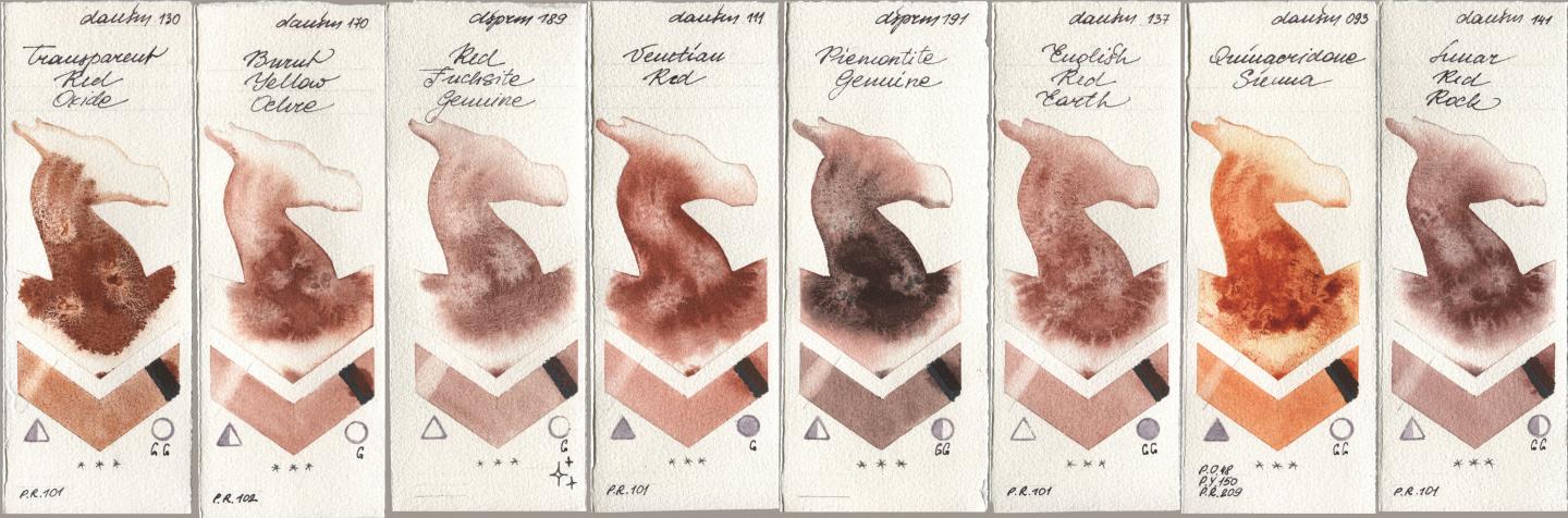 Daniel Smith 130 Transparent Red Oxide, 170 Burnt Yellow Ochre, 189 Red Fuchsite Genuine, 111 Venetian Red, 191 Piemontite Genuine, 137 English Red Earth, 093 Quinacridone Sienna, 141 Lunar Red Ro watercolor swatch