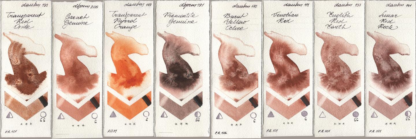 Daniel Smith 130 Transparent Red Oxide, 205 Garnet Genuine, 187 Transparent Pyrrol Orange, 191 Piemontite Genuine, 170 Burnt Yellow Ochre, 111 Venetian Red, 137 English Red Earth, 141 Lunar Red Ro watercolor swatch