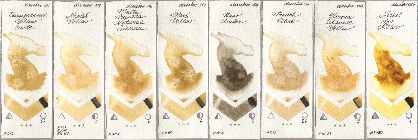Daniel Smith 131 Transparent Yellow Oxide, 058 Naples Yellow, 056 Monte Amiata Natural Sienna, 054 Mars Yellow, 097 Raw Umber, 134 French Ochre, 253 Chrome Titanate Yellow, 061 Nickel Azo Yell watercolor swatch