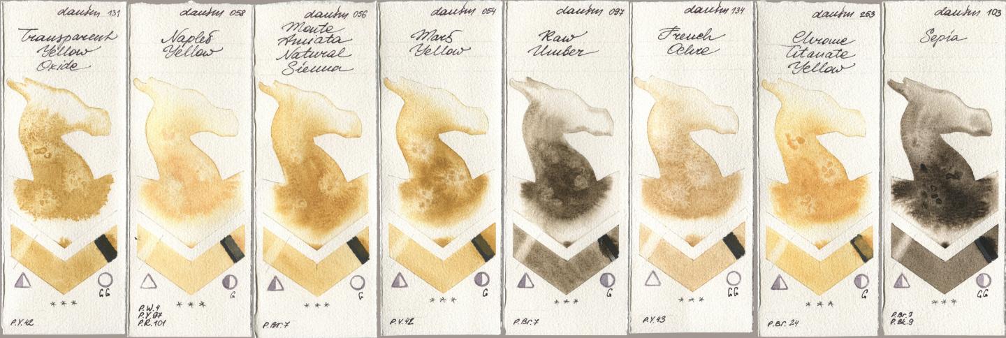 Daniel Smith 131 Transparent Yellow Oxide, 058 Naples Yellow, 056 Monte Amiata Natural Sienna, 054 Mars Yellow, 097 Raw Umber, 134 French Ochre, 253 Chrome Titanate Yellow, 103 Sep watercolor swatch