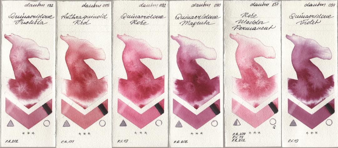 Daniel Smith 132 Quinacridone Fuchsia, 005 Anthraquinoid Red, 092 Quinacridone Rose, 090 Quinacridone Magenta, 237 Rose Madder Permanent, 094 Quinacridone Viol watercolor swatch