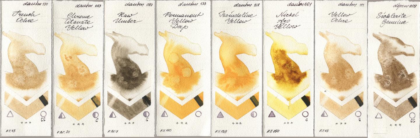 Daniel Smith 134 French Ochre, 253 Chrome Titanate Yellow, 097 Raw Umber, 133 Permanent Yellow Deep, 218 Isoindoline Yellow, 061 Nickel Azo Yellow, 114 Yellow Ochre, 209 Sicklerite Genui watercolor swatch