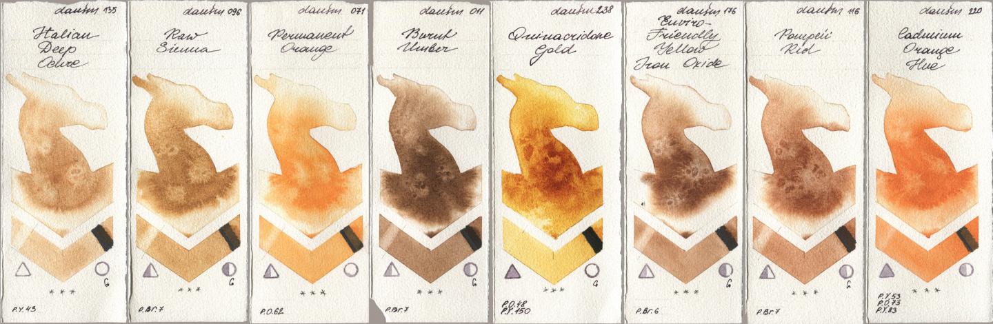 Daniel Smith 135 Italian Deep Ochre, 096 Raw Sienna, 071 Permanent Orange, 011 Burnt Umber, 238 Quinacridone Gold, 176 Enviro-Friendly Yellow Iron Oxide, 116 Pompeii Red, 220 Cadmium Orange H watercolor swatch