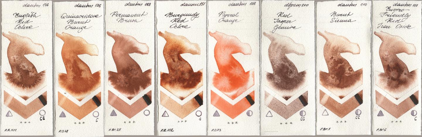 Daniel Smith 136 English Red Ochre, 086 Quinacridone Burnt Orange, 068 Permanent Brown, 151 Burgundy Red Ochre, 126 Pyrrol Orange, 240 Red Jasper Genuine, 010 Burnt Sienna, 177 Enviro-Friendly Red Iron Oxi watercolor swatch