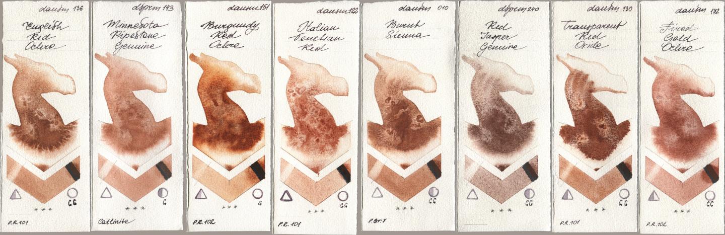 Daniel Smith 136 English Red Ochre, 143 Minnesota Pipestone Genuine, 151 Burgundy Red Ochre, 122 Italian Venetian Red, 010 Burnt Sienna, 240 Red Jasper Genuine, 130 Transparent Red Oxide, 172 Fired Gold Och watercolor swatch