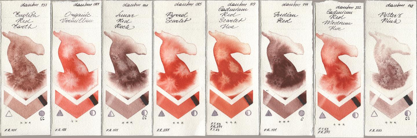 Daniel Smith 137 English Red Earth, 064 Organic Vermilion, 141 Lunar Red Rock, 085 Pyrrol Scarlet, 219 Cadmium Red Scarlet Hue, 044 Indian Red, 222 Cadmium Red Medium Hue, 148 Potters Pi watercolor swatch