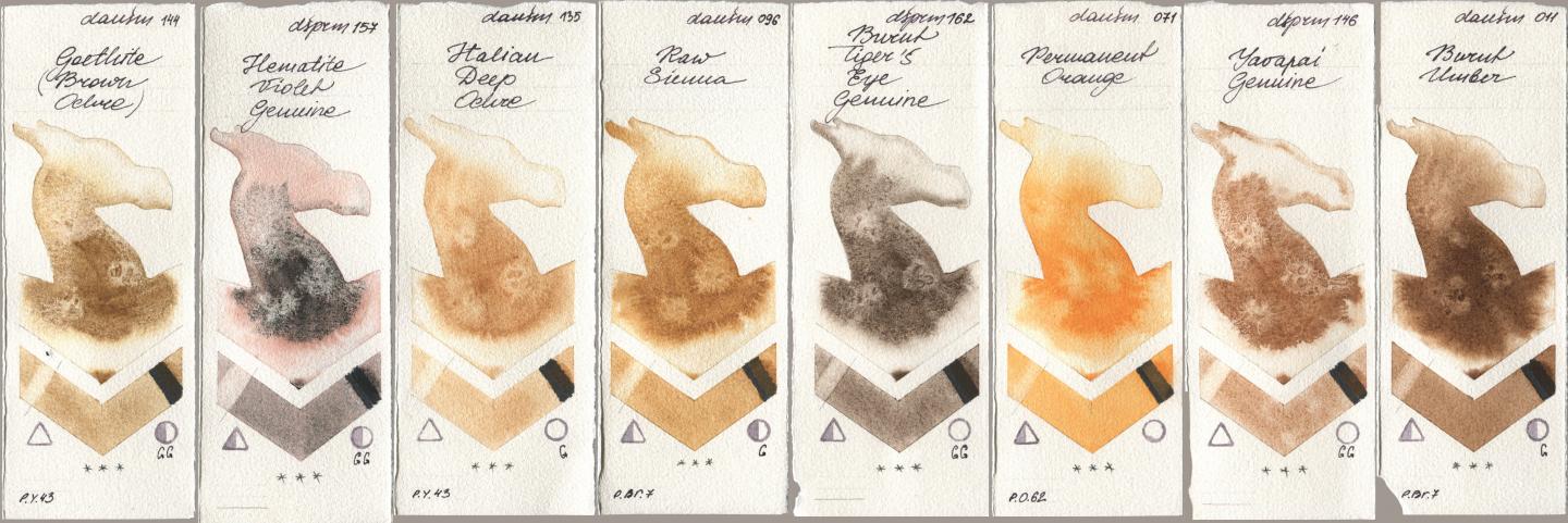 Daniel Smith 144 Goethite (Brown Ochre), 157 Hematite Violet Genuine, 135 Italian Deep Ochre, 096 Raw Sienna, 162 Burnt Tigers Eye Genuine, 071 Permanent Orange, 146 Yavapai Genuine, 011 Burnt Umb watercolor swatch