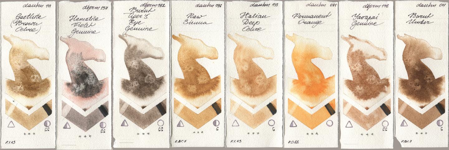 Daniel Smith 144 Goethite (Brown Ochre), 157 Hematite Violet Genuine, 162 Burnt Tigers Eye Genuine, 096 Raw Sienna, 135 Italian Deep Ochre, 071 Permanent Orange, 146 Yavapai Genuine, 011 Burnt Umb watercolor swatch
