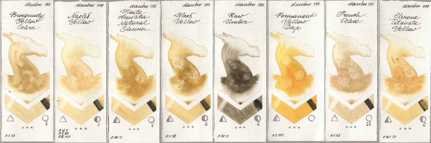 Daniel Smith 147 Burgundy Yellow Ochre, 058 Naples Yellow, 056 Monte Amiata Natural Sienna, 054 Mars Yellow, 097 Raw Umber, 133 Permanent Yellow Deep, 134 French Ochre, 253 Chrome Titanate Yell watercolor swatch