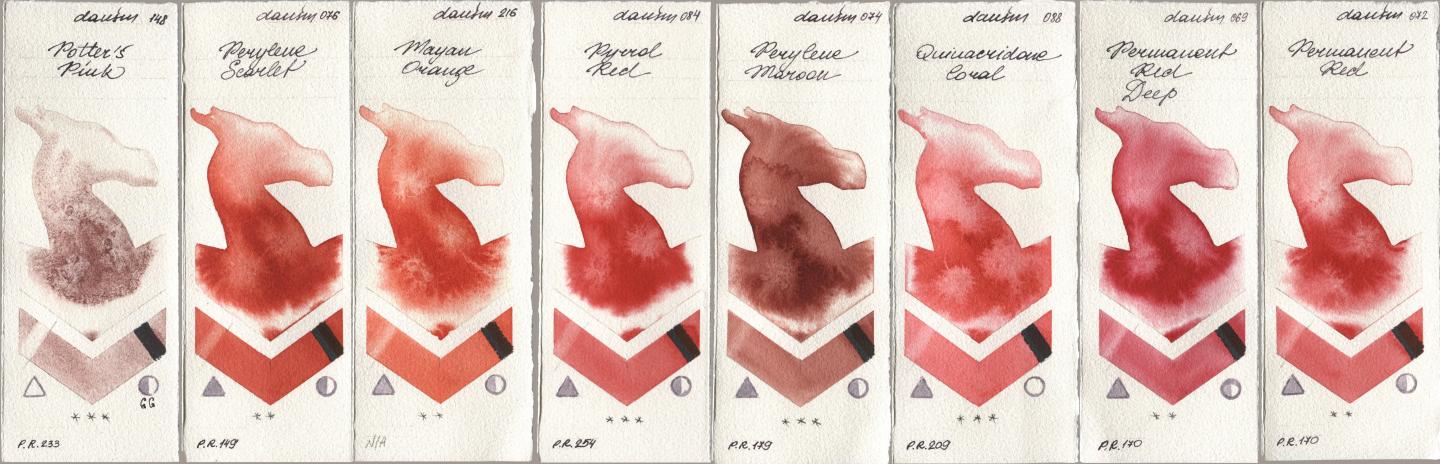 Daniel Smith 148 Potters Pink, 076 Perylene Scarlet, 216 Mayan Orange, 084 Pyrrol Red, 074 Perylene Maroon, 088 Quinacridone Coral, 069 Permanent Red Deep, 072 Permanent R watercolor swatch