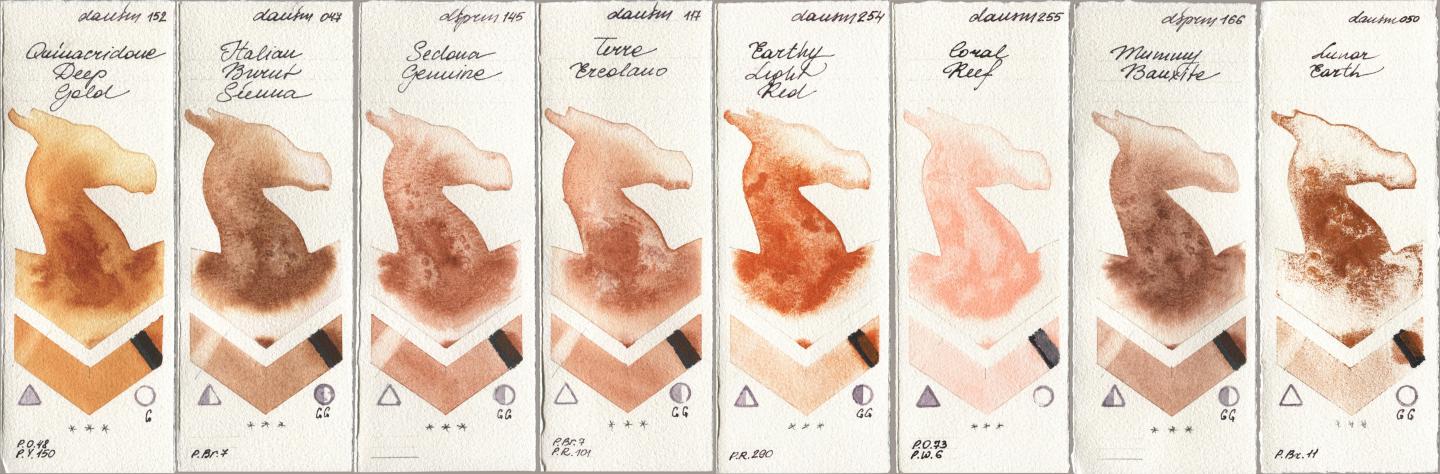 Daniel Smith 152 Quinacridone Deep Gold, 047 Italian Burnt Sienna, 145 Sedona Genuine, 117 Terre Ercolano, 254 Earthy Light Red, 255 Coral Reef, 166 Mummy Bauxite, 050 Lunar Ear watercolor swatch