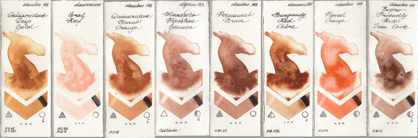 Daniel Smith 152 Quinacridone Deep Gold, 255 Coral Reef, 086 Quinacridone Burnt Orange, 143 Minnesota Pipestone Genuine, 068 Permanent Brown, 151 Burgundy Red Ochre, 126 Pyrrol Orange, 177 Enviro-Friendly Red Iron Oxi watercolor swatch