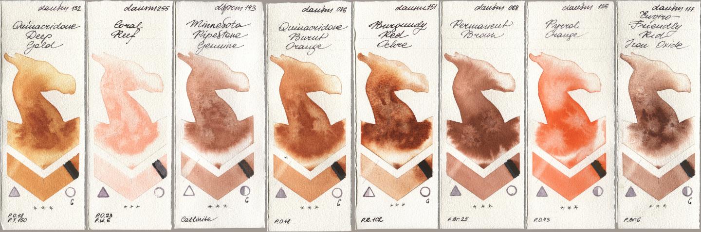 Daniel Smith 152 Quinacridone Deep Gold, 255 Coral Reef, 143 Minnesota Pipestone Genuine, 086 Quinacridone Burnt Orange, 151 Burgundy Red Ochre, 068 Permanent Brown, 126 Pyrrol Orange, 177 Enviro-Friendly Red Iron Oxi watercolor swatch