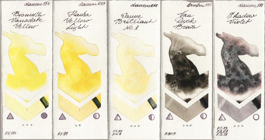 Daniel Smith 154 Bismuth Vanadate Yellow vs 039 Hansa Yellow Light vs 256 Jaune Brilliant No 1 vs 110 Van Dyck Brown vs 188 Shadow Violet watercolor swatch