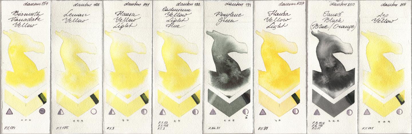 Daniel Smith 154 Bismuth Vanadate Yellow, 165 Lemon Yellow, 041 Hansa Yellow Light, 192 Cadmium Yellow Light Hue, 194 Perylene Green, 039 Hansa Yellow Light, 250 Janes Black (Blue/Orange), 215 Azo Yell watercolor swatch